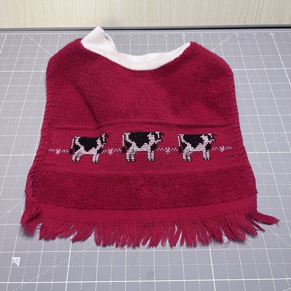 Craft Baby Bib Cross Stitch Pullover 100% Cotton Red Cow Embroidered Vintage